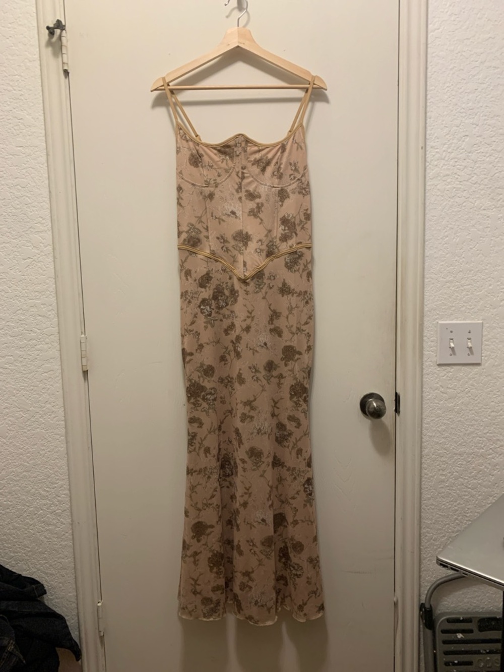 Beige Floral Slip Dress with Corset Detail